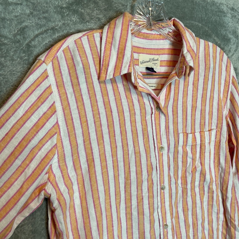 Universal Thread Women Linen Blend Button Shirt XS Striped Oversized Coastal